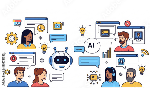 Online chatbot communication vector illustration with AI technology and digital messaging concept