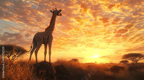 Giraffe Standing in African Savanna at Sunset