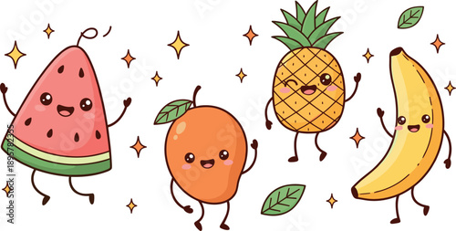 Cute kawaii tropical fruit character set featuring happy dancing watermelon mango pineapple and banana with stars and leaves vector.