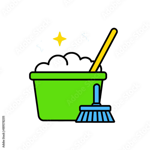 Green Bucket With Soap Suds and Blue Brush Vector Icon.