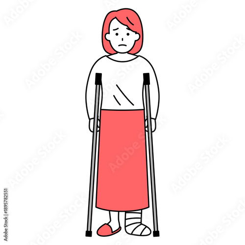 足を怪我して松葉杖をついている若い女性