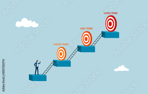 Step to reach success or achievement, Short term, mid-term and long term goals, stages to achieve greater success.
