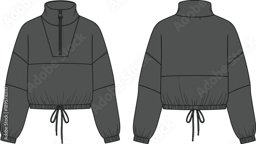 Women's Cropped Half-Zip Pullover Technical Fashion Drawing Vector Illustration Featuring Stand Collar, Adjustable Drawstring Hem, Color Block Panel, Front and Back View, Apparel Mockup.