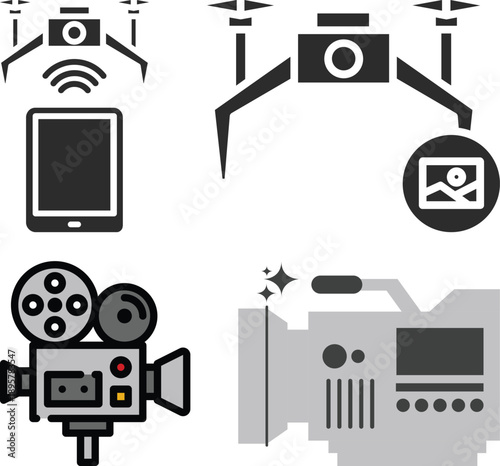 Video Camera and Film Production Icons Set. Movie, Filmmaking and Media Equipment Symbols.