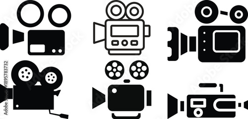 Video Camera and Film Production Icons Set. Movie, Filmmaking and Media Equipment Symbols.