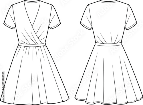 Women's dress technical drawing, front and back view, fashion illustration, garment sketch, wrap neckline, flared skirt, fitted bodice, apparel design, clothing template, vector outline