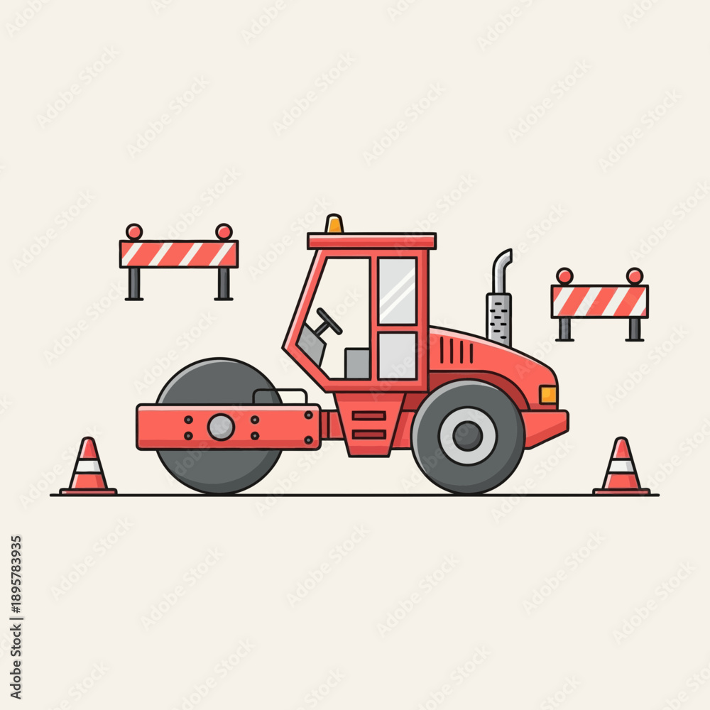 Fototapeta premium Compact Road Roller Machinery Working on Construction Site with Traffic Cones and Barriers