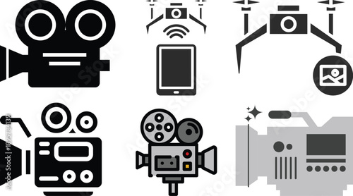 Video Camera and Film Production Icons Set. Movie, Filmmaking and Media Equipment Symbols.