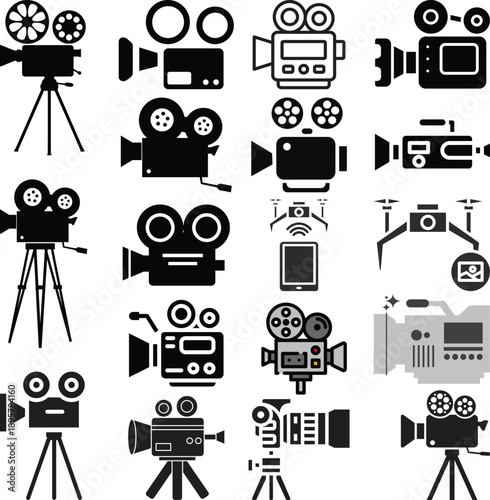 Video Camera and Film Production Icons Set. Movie, Filmmaking and Media Equipment Symbols.