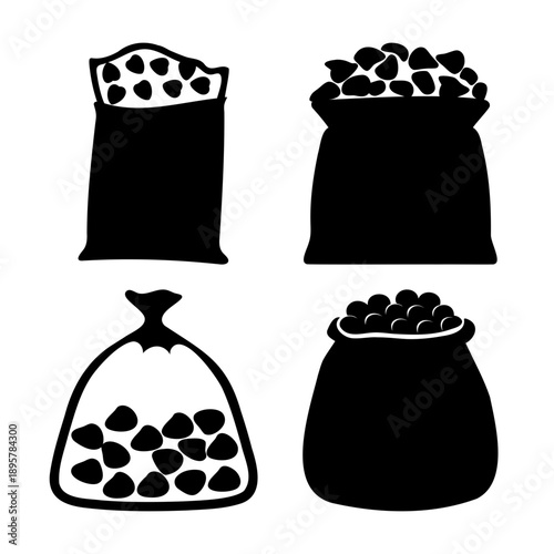 Collection of black silhouette bags and sacks full of goods for harvest or storage concept