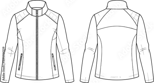 Women's Fitted Sport Jacket Technical Fashion Drawing Vector Illustration Featuring Stand Collar, Full Zip, Zip Pockets, Quilted Shoulder Panels, Front and Back View, Activewear Mockup.