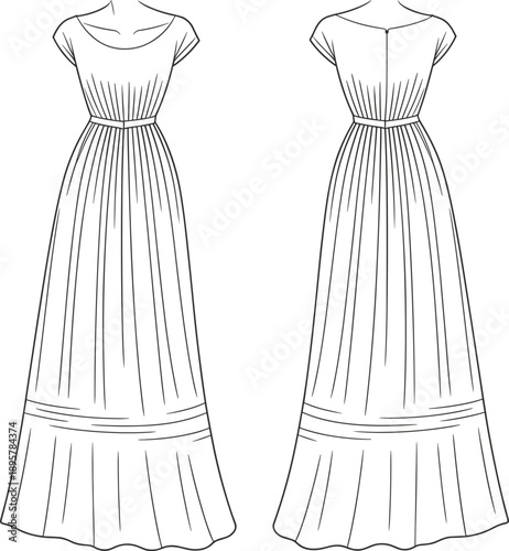 Women's formal cap sleeve maxi dress technical flat sketch, featuring a gathered flowing skirt, fitted waistband, boat neck, and ruffled hem detail, isolated vector illustration template.