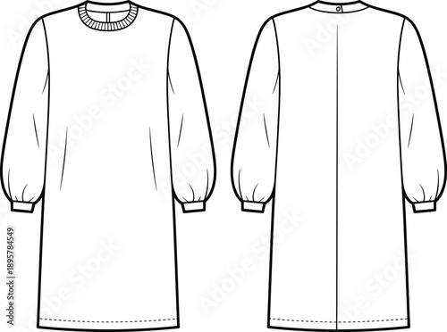 Women's Knit Dress Technical Fashion Drawing Vector Illustration Featuring Crew Neck, Long Balloon Sleeves with Cuffs, Button Keyhole Closure, Front and Back View, Apparel Template.