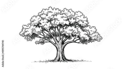 Large spreading oak tree with a wide canopy and thick trunk rendered in a traditional black and white hand-drawn sketch style on white.
