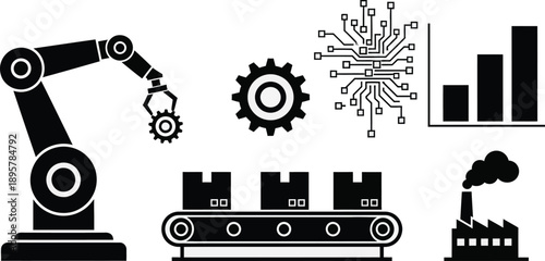 industrial robotic arm with gears circuit board data graph and factory illustration