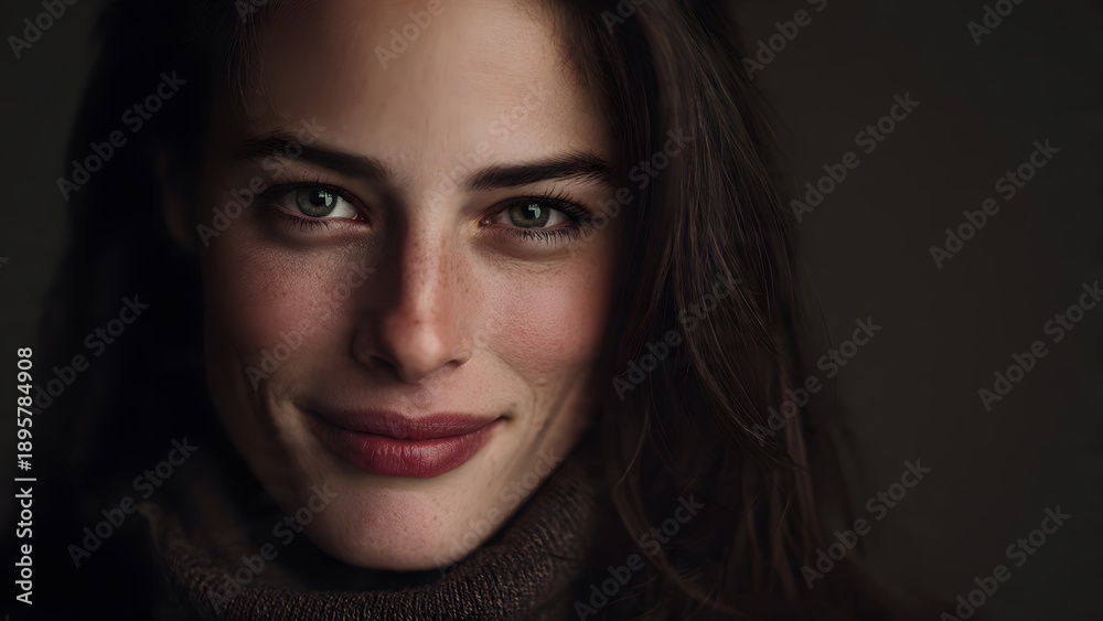 Fototapeta premium Stunning young woman with green eyes and freckles smiling softly