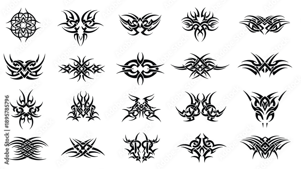 Obraz premium Comprehensive collection of many diverse black tribal tattoo designs in a grid layout featuring sharp lines and symmetrical patterns.