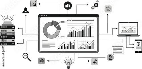 Data analysis and digital dashboard with various charts and visualization elements for business