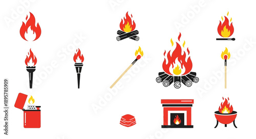 Fire Icons Set: Flame, Torch, Campfire