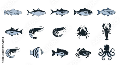 Seafood icons set. Fish and crustaceans