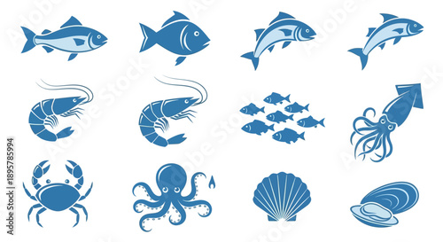 Seafood Variety: Fish, Shrimp, Crab, Octopus Icons