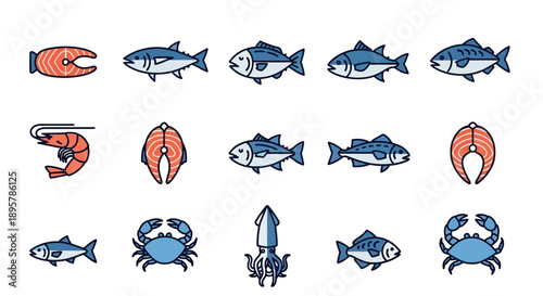 Seafood icons set: fish, shrimp, crab, squid