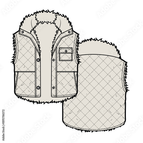 Baby kids quilted jacket vector design mockup template technical flat drawing.