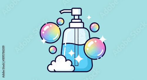 Cartoon Soap Dispenser with Bubbles Illustration