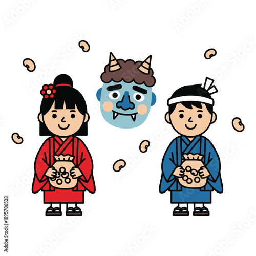 Cartoon Couple Throwing Beans at Ogre in Traditional Japanese Kimonos