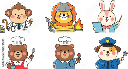 Cute kawaii animal character set featuring monkey doctor lion firefighter rabbit teacher bear chef and dog police officer vector.