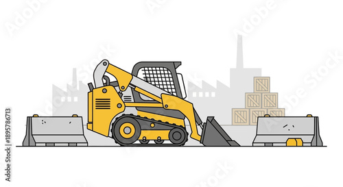 Compact Yellow Skid Steer Loader Performing Site Work And Logistics Tasks
