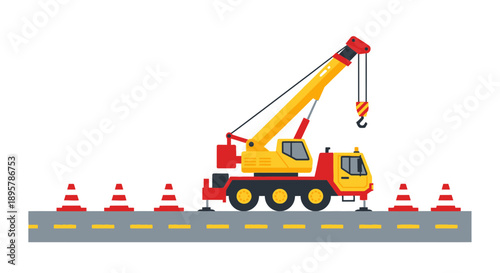 Construction Crane Vehicle With Traffic Cones On Roadway