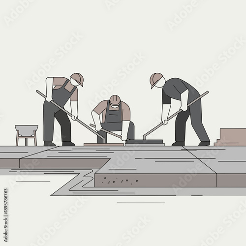 Construction Crew Paving A New Concrete Surface With Tools And Protective Gear