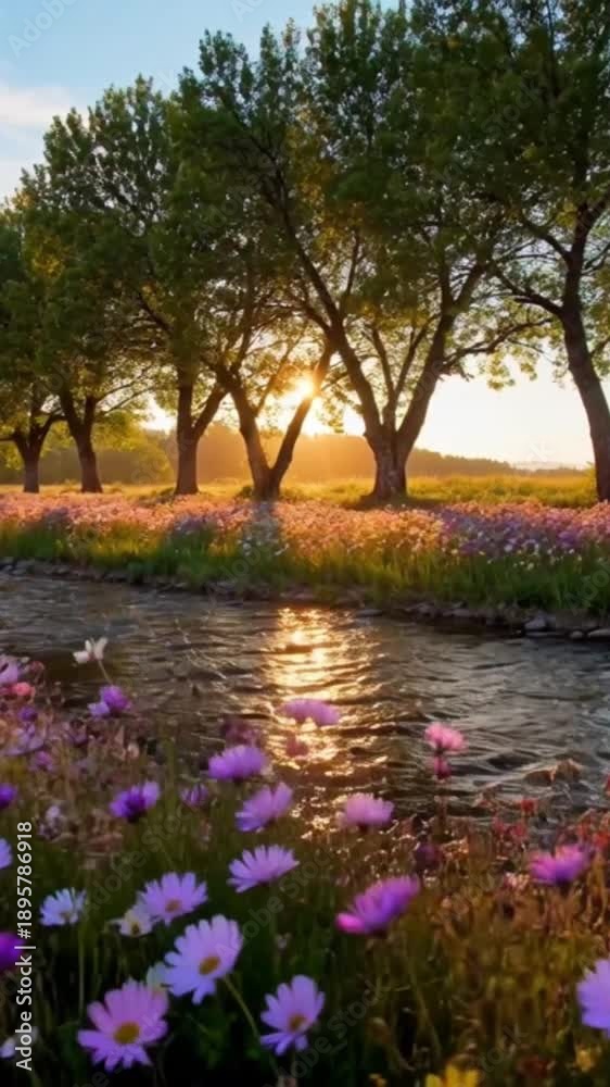 custom made wallpaper toronto digitalScenic River Landscape with Field of Wildflowers at Sunset