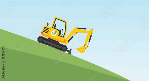 Compact Yellow Excavator Navigating Steep Green Hillside