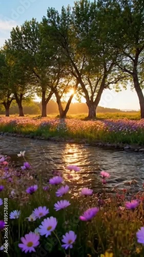 Wallpaper Mural Scenic River Landscape with Field of Wildflowers at Sunset Torontodigital.ca