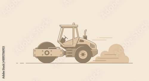 Compacting Road Roller Working On A Construction Site With Dust Clouds
