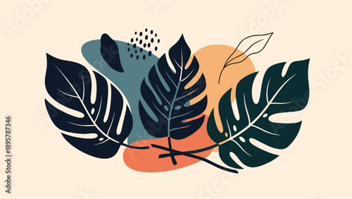Artistic composition of three dark monstera leaves over abstract blobs in blue, orange, and peach colors on a light cream background.