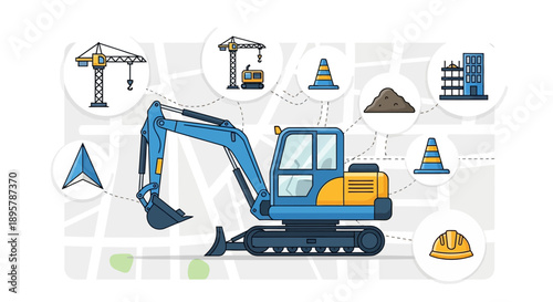 Construction Excavator Machine and Elements Vector Illustration Concept