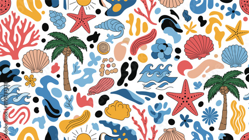 Dense and colorful seamless pattern with various ocean-themed icons like shells, coral, palm trees, waves, and starfish on a white base.