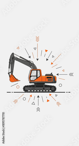 Construction Excavator Machine Working With Energetic Graphic Elements