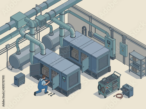Isometric Industrial Maintenance of Power Generators and HVAC Systems, Professional Technician Repairing Mechanical Equipment in Factory Facility, Technical Service Vector Illustration