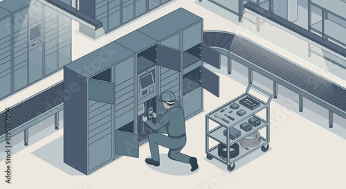 Isometric Industrial Maintenance Technician Repairing Automated Storage System in Warehouse, Logistics Facility Management and Technical Service Concept with Conveyor Belt and Tool Cart