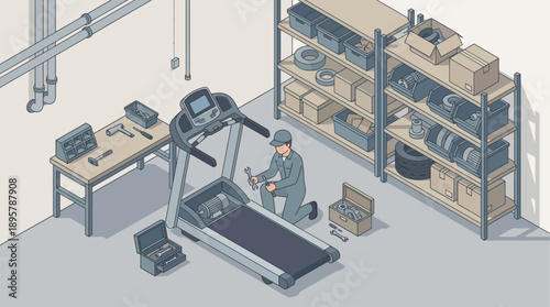 Isometric Technician Repairing Treadmill in Professional Workshop, Gym Equipment Maintenance and Service, Mechanical Support for Fitness Machines with Tools and Shelving