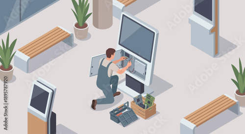 Isometric Maintenance Technician Repairing Digital Information Kiosk Terminal, Hardware Troubleshooting and IT Support in Modern Public Lobby or Airport, Vector Illustration