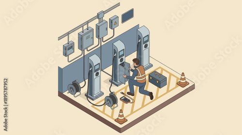 Isometric Illustration of Technician Repairing Electric Vehicle Charging Station, Professional EV Charger Maintenance and Installation Service for Green Energy Infrastructure, Vector Design