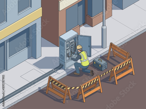 Isometric Electrician Repairing Outdoor Utility Box on City Street, Maintenance Technician Fixing Electrical Panel with Safety Barriers for Infrastructure Service and Urban Power Management