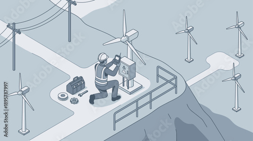 Isometric Wind Turbine Maintenance Illustration of Technician Repairing Electrical Box at a Sustainable Energy Wind Farm with Power Lines and Tools for Industrial Infrastructure