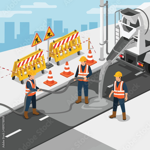 Isometric Road Construction and Repair Illustration. Crew Pouring Asphalt from Cement Mixer Truck on City Street. Infrastructure Work Vector.