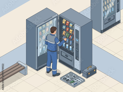 Isometric Maintenance Worker Servicing Automatic Snack Dispenser; Professional Repairman Fixing Vending Machine with Tools in Office Hallway Vector Illustration